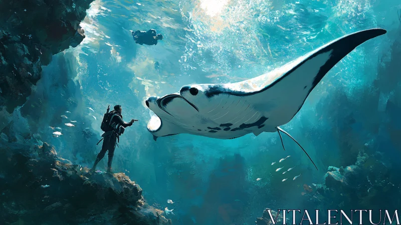 AI ART Diver and Manta Ray in Ocean Depths