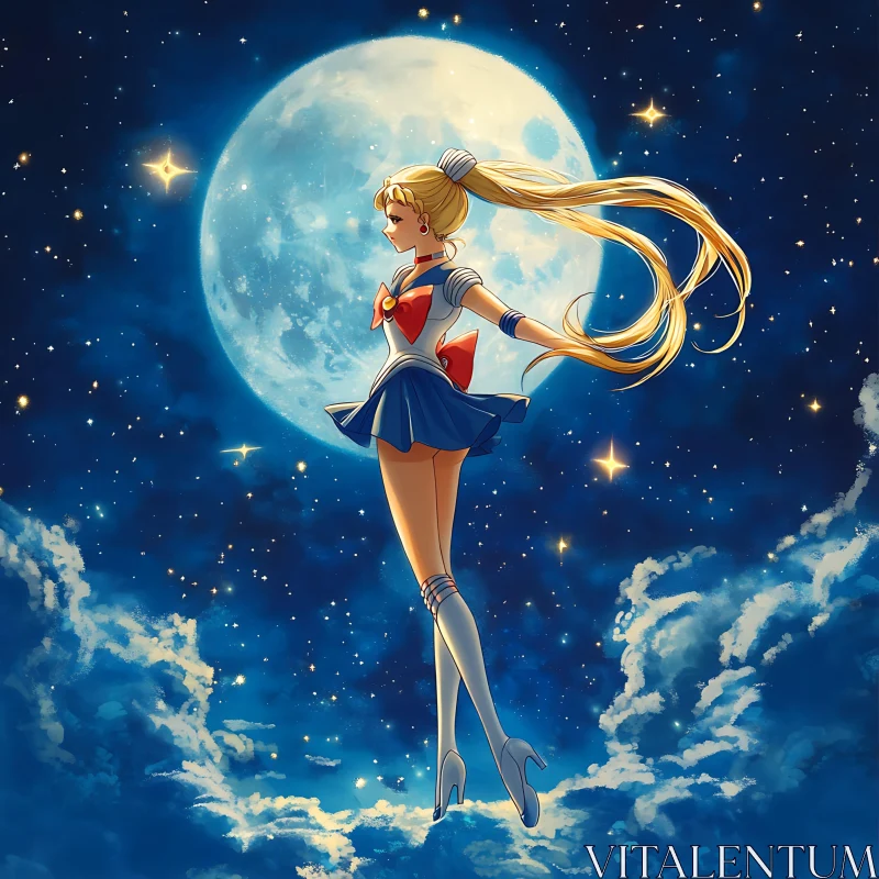 Floating Anime Character Under Moonlit Sky AI Image