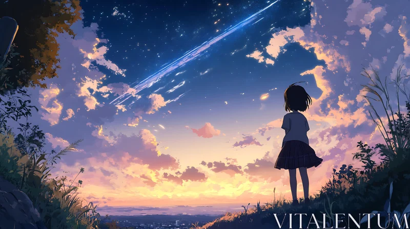 Girl Gazing at Meteor in Sunset Sky AI Image