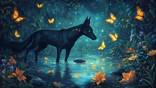 Mystical Wolf and Butterfly Scene