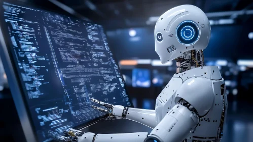 Futuristic Robot Studying Screen