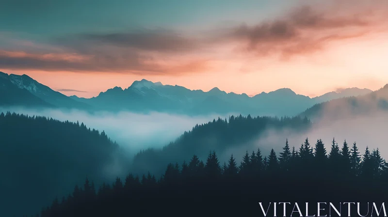 AI ART Serene Mountain Vista with Fog