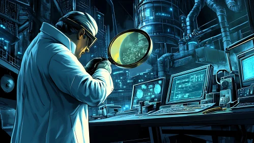 Scientist Examining Data with Magnifying Glass