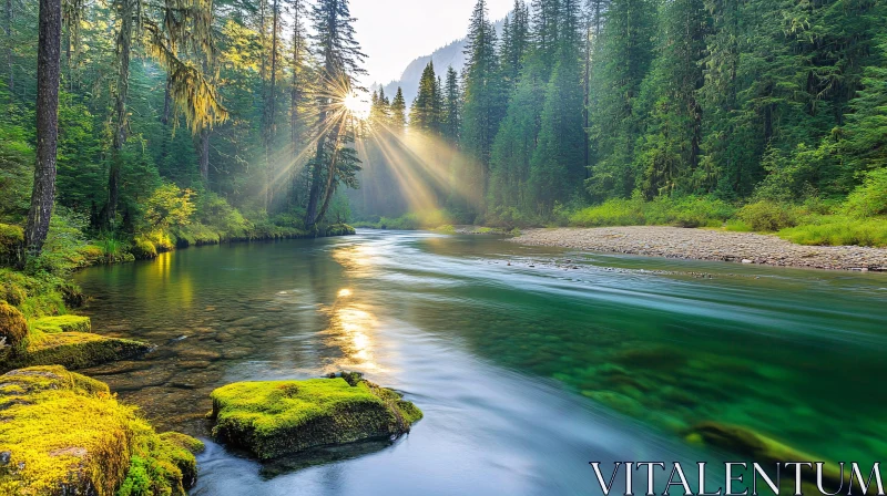 Peaceful River Scene in Evergreen Forest AI Image