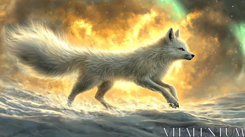 AI ART White Fox Leaping Under Northern Lights