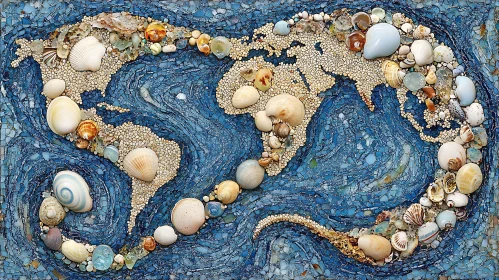 Oceanic World Map Seashell Mosaic