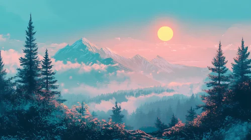 Mist Covered Mountains and Forest