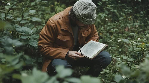 Man Sketching in Forest Environment