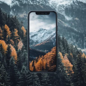 Phone Displaying Snowy Mountain Scenery