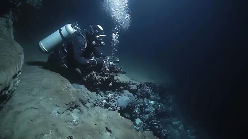 Underwater Cave Exploration with Diver