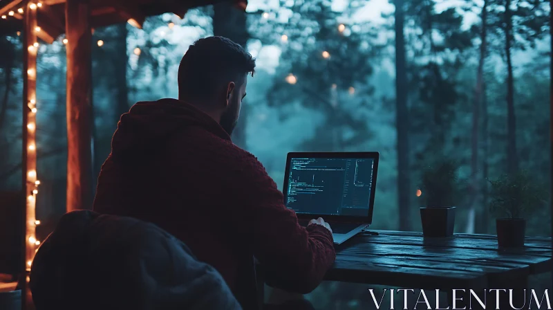 Man Coding on Laptop in Forest AI Image