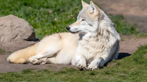 Resting Wolf on Grassy Terrain