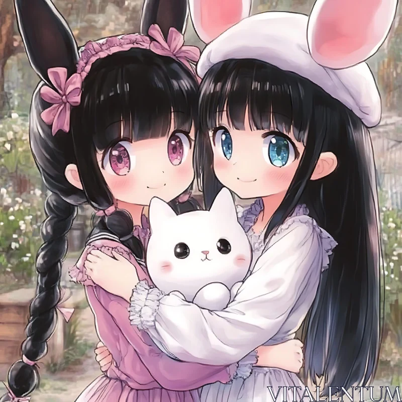 Cute Anime Duo with Bunny Ears and a Cat AI Image