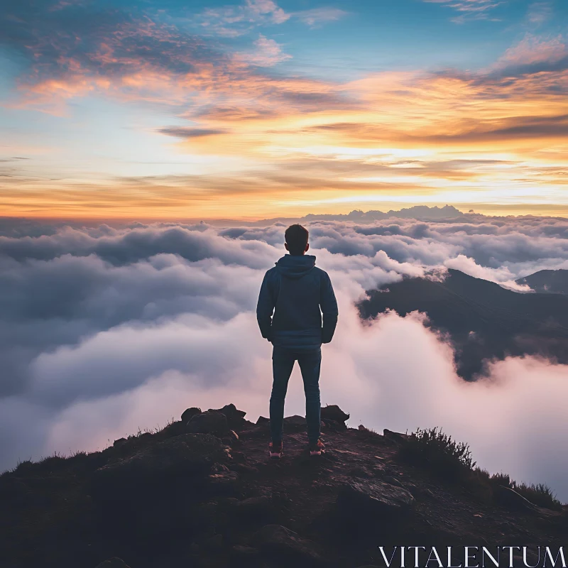 Person on Mountain at Sunset AI Image