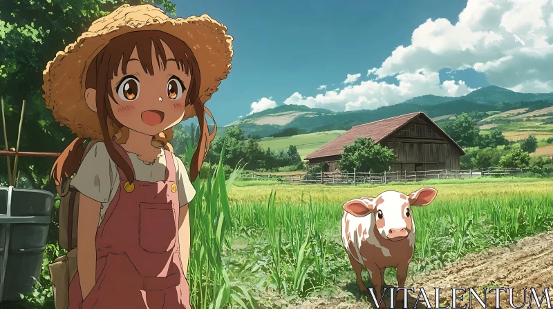 AI ART Anime Farm Scene with a Young Girl and Calf