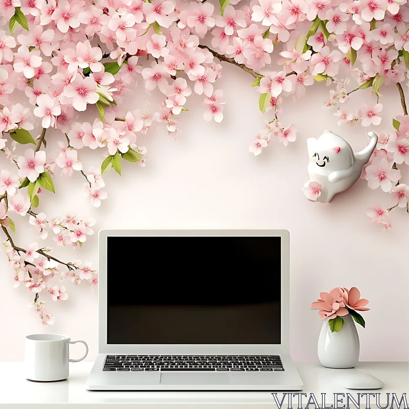 AI ART Tranquil Workspace Adorned with Blossoms and Laptop