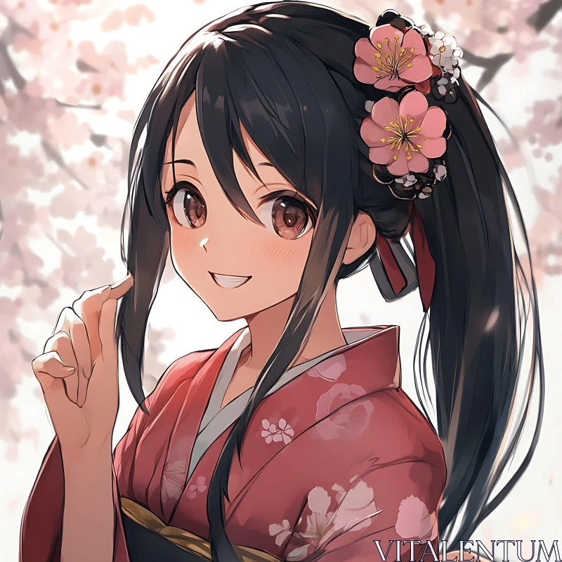 Anime Girl with Flower Hairpins AI Image