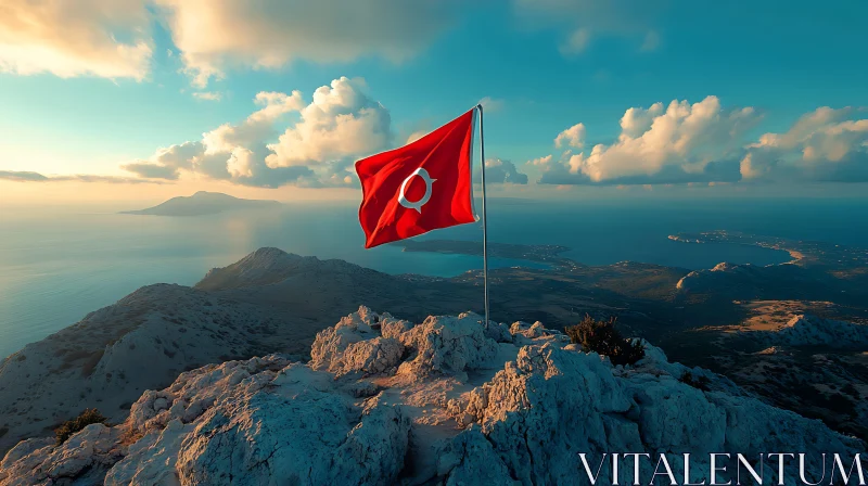 Flag of Turkey on Mountain Overlooking Sea AI Image