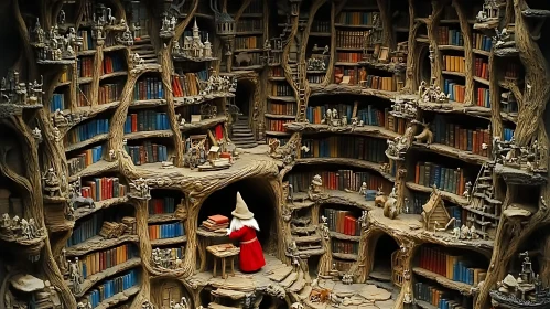 Magical Library with Wizard and Books