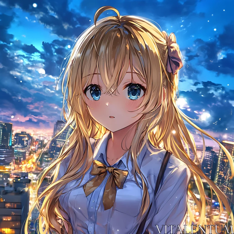 Blonde Anime Girl in Night Cityscape AI Image