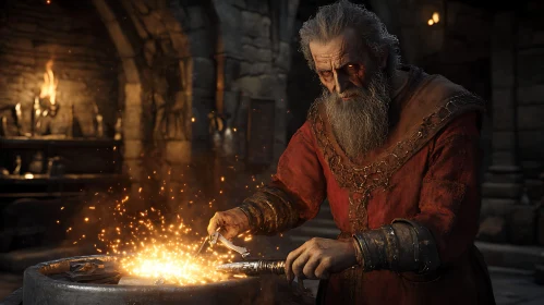 Medieval Blacksmith Working with Fire