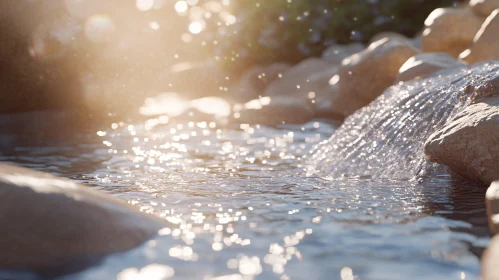 Glistening Waterfall with Sunlight on Rocks