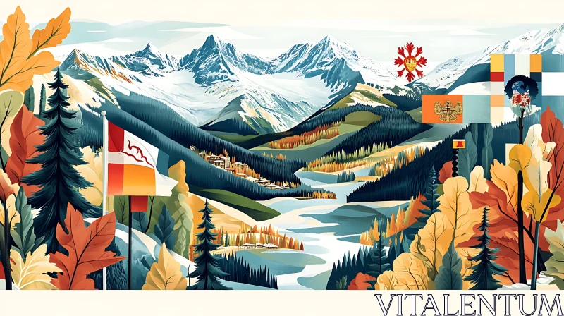 AI ART Autumnal Mountain Vista with National Emblems