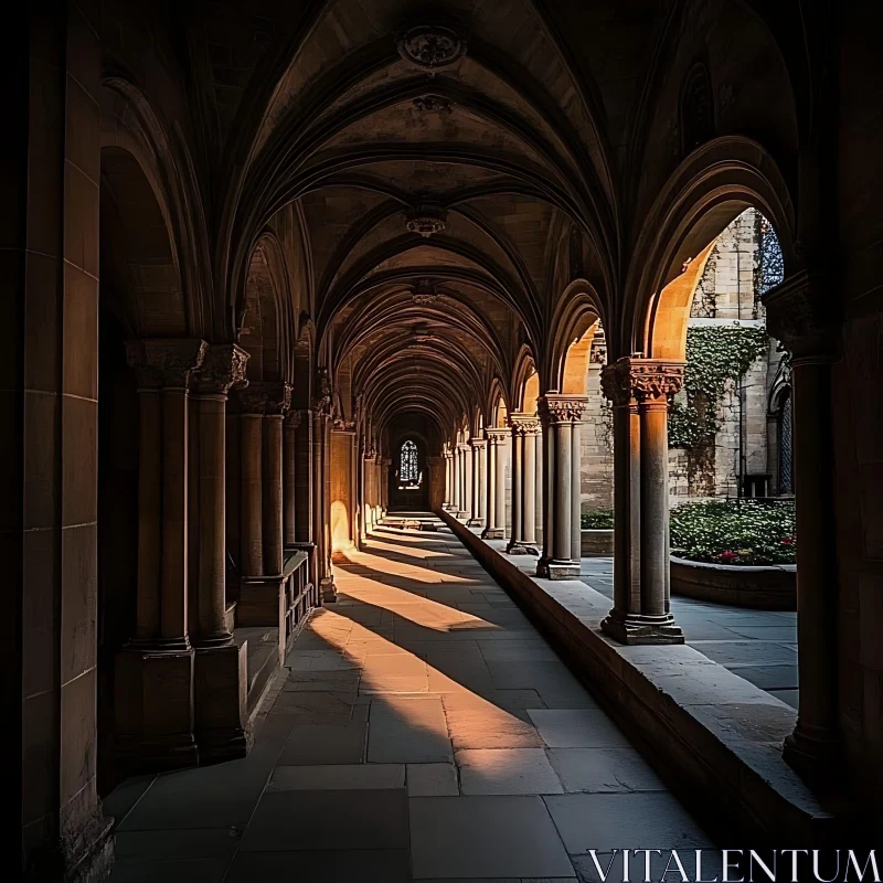 Sunlit Gothic Cloister Architecture AI Image