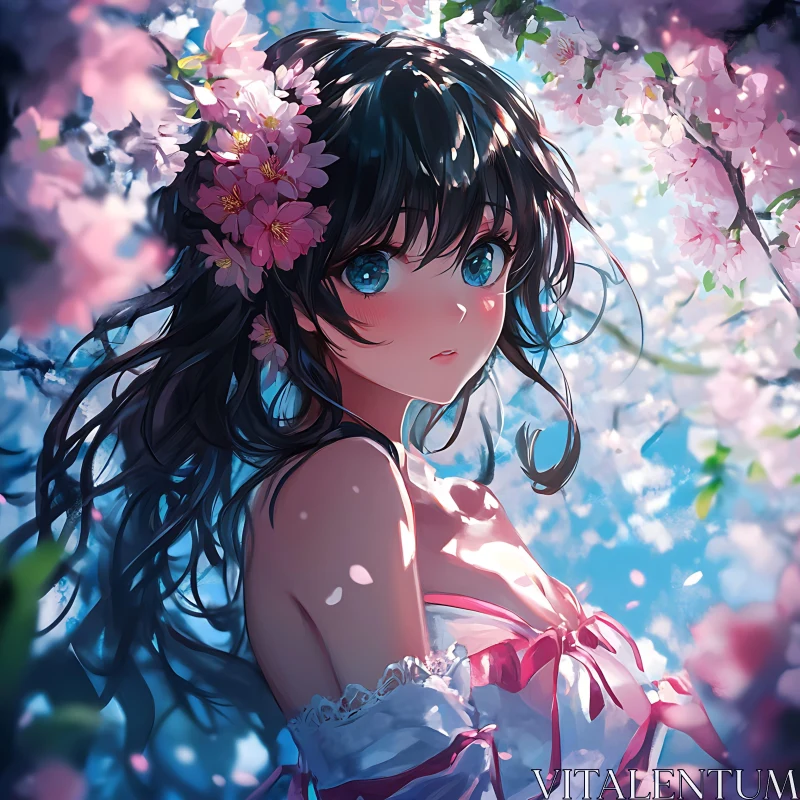 Anime Girl Amidst Blooming Cherry Blossoms AI Image