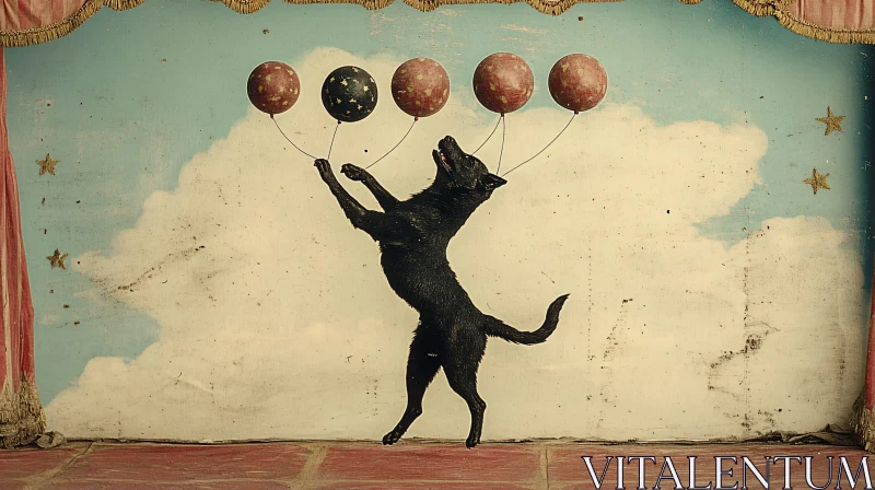 Antique Artwork: Dog Balancing Balloons AI Image