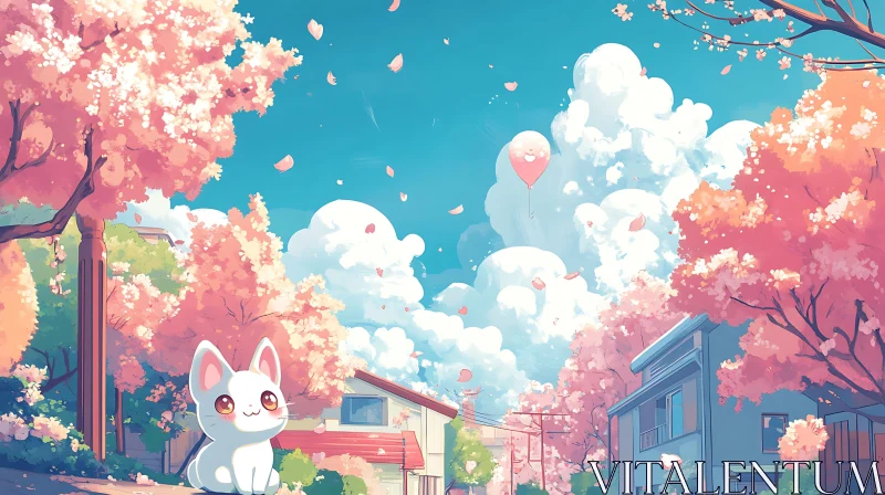 Whimsical Spring Anime with Cat and Cherry Blossoms AI Image