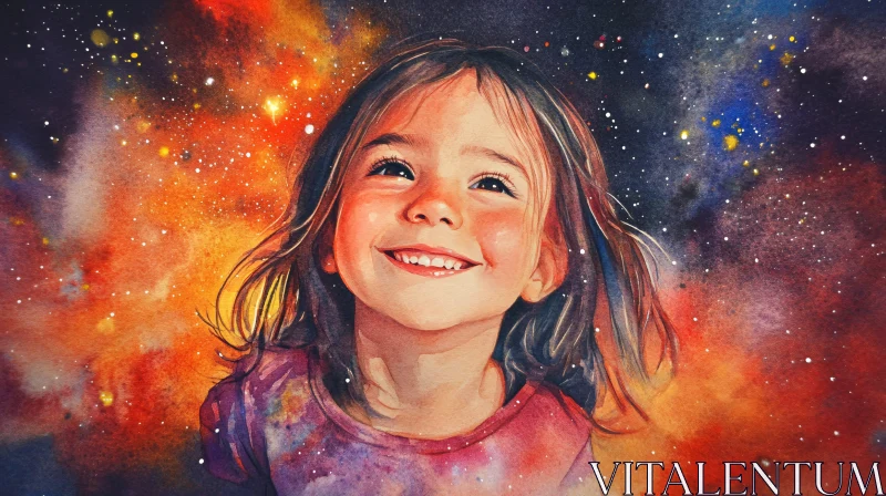 Galactic Watercolor Portrait of a Smiling Child AI Image