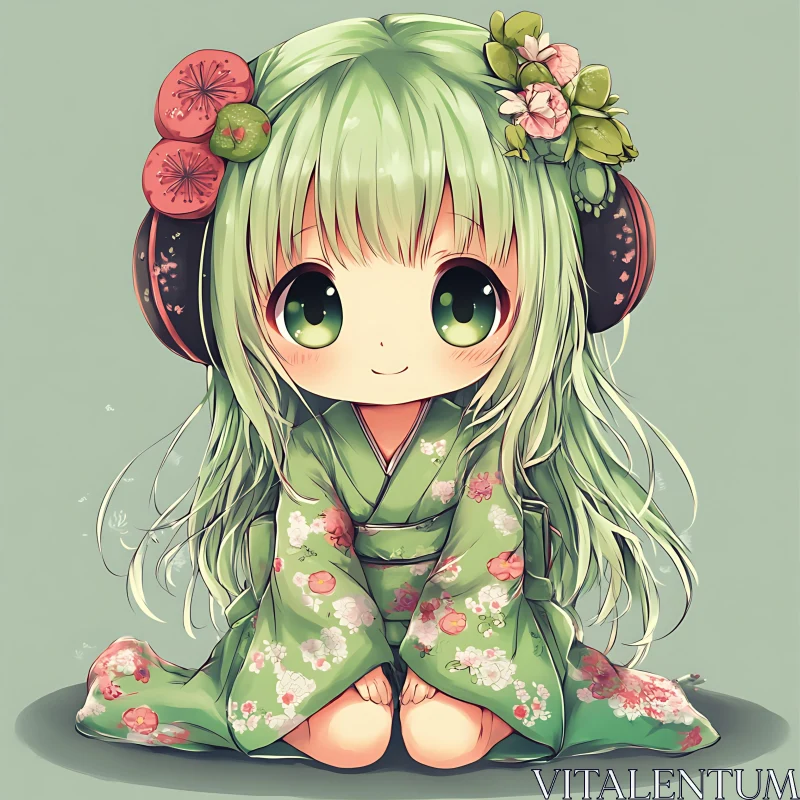 Adorable Chibi Anime Character with Floral Kimono and Green Hair AI Image