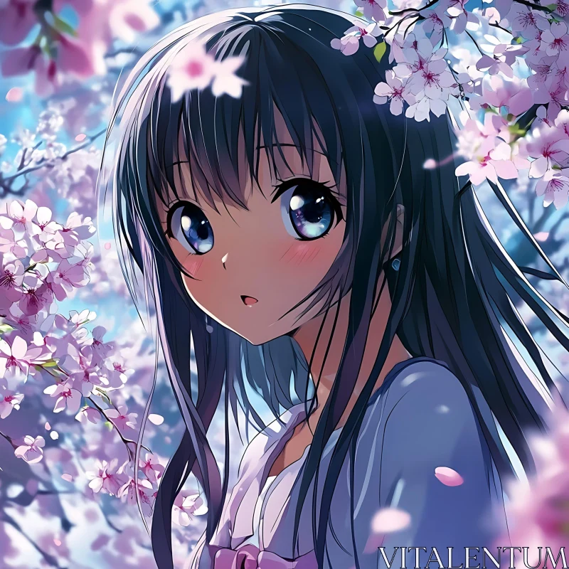 Anime Girl Surrounded by Blossoming Cherry Trees AI Image