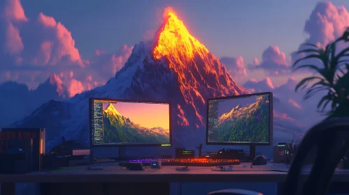 Dual Screen Mountain Desktop Setup