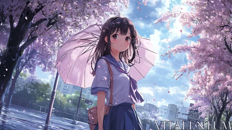 Sakura Season: Anime Girl with Umbrella AI Image