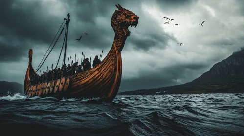 Viking Dragon-Head Longship in Rough Waters