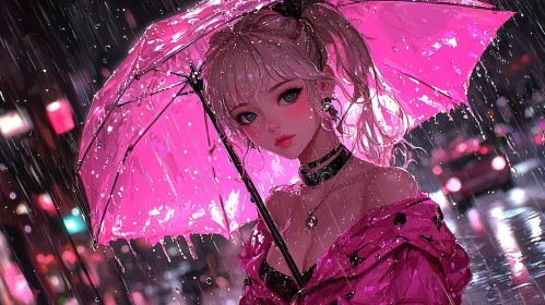 Rainy Night Anime Scene with Girl and Pink Umbrella