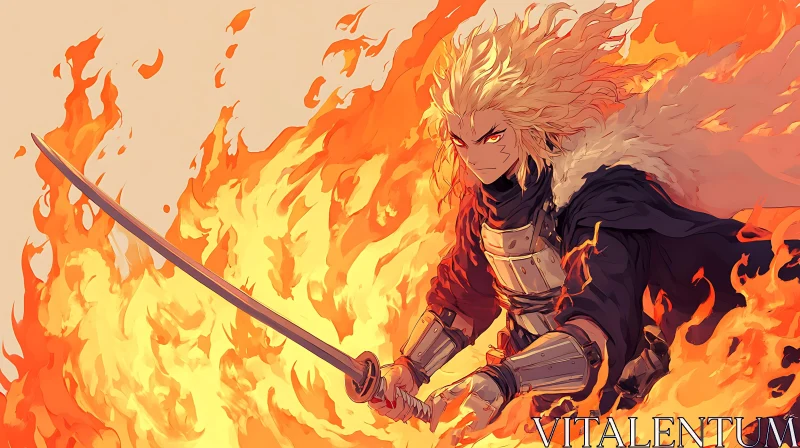 Fierce Anime Character in Fiery Battle Scene AI Image