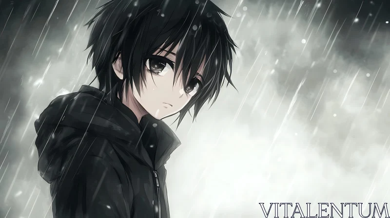 Melancholic Anime Boy in Rain AI Image