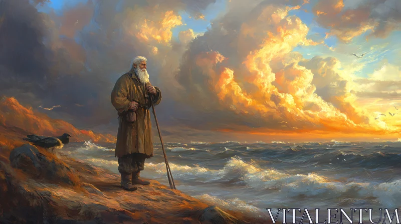 AI ART Seaside Contemplation: An Old Man's Journey