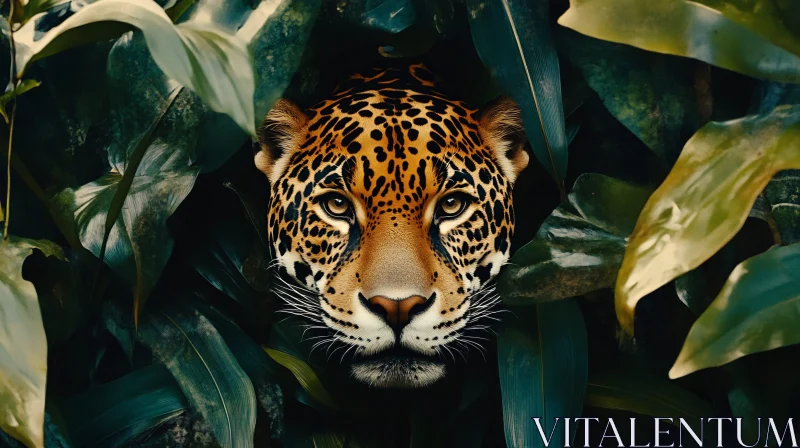 Wild Jaguar Face in Greenery AI Image