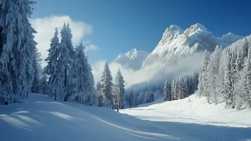 Winter Mountain Scenery with Snow Covered Trees