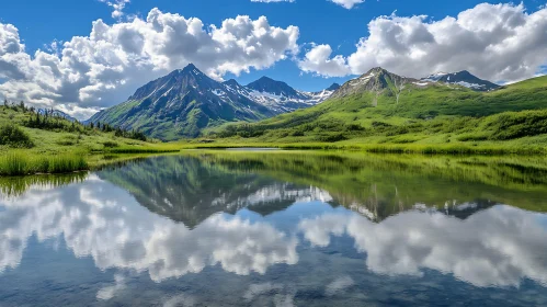 Still Mountain Lake Reflecting Green Hills