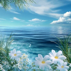 Peaceful Seascape with Floral Accent