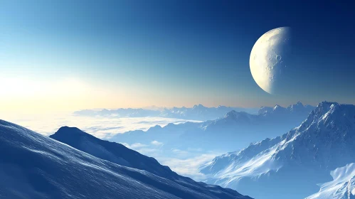 Winter Mountain Landscape with Moon