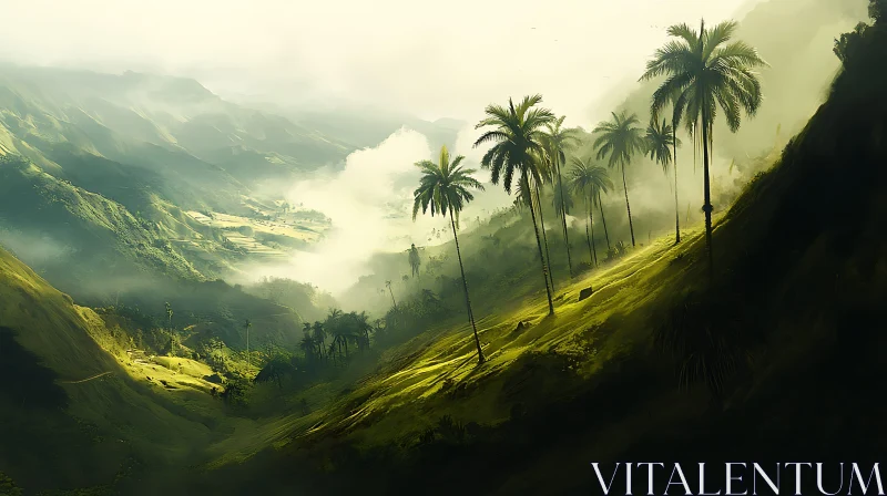 AI ART Misty Valley with Palm Trees