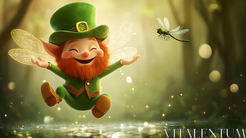 Whimsical Leprechaun Fairy in Sunny Forest AI Image