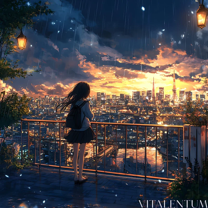 Contemplative Anime Girl in Rainy Evening City AI Image