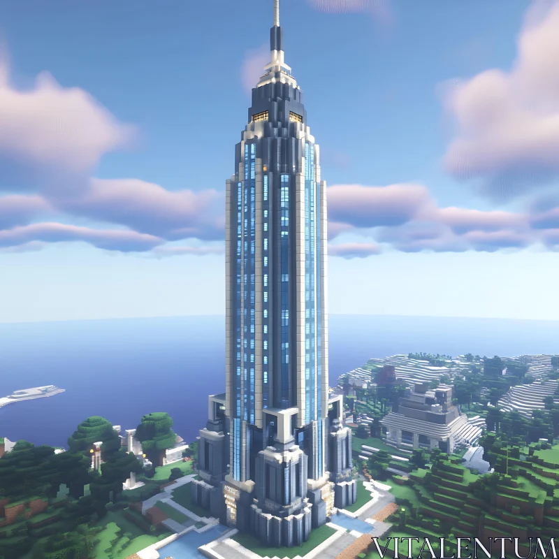 Minecraft Tower Against Blue Sky AI Image